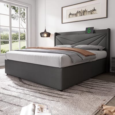 Merax Gestoffeerd Bed met Opbergruimte en USB Type-C Oplaadfunctie - 140 x 200 cm - Grijs - Met Lattenbodem - Zonder Matras