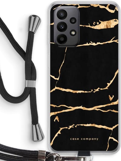 Case Company® - Hoesje met koord geschikt voor Samsung Galaxy A23 hoesje met Koord - Gouden marmer - Telefoonhoesje met Zwart Koord - Bescherming aan alle Kanten en Over de Schermrand