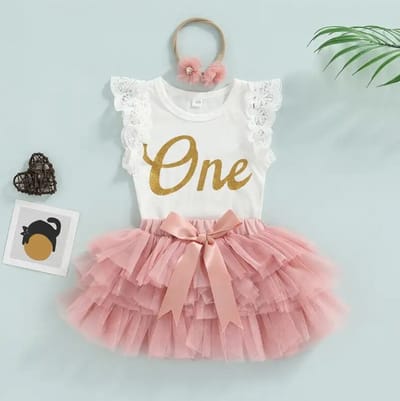 Verjaardag Jurk 1 jaar Baby - kort - Birthday Dress - Maat: 80/86 - Eerste Verjaardag - Romper & Tutu Rok - Verjaardagsjurk - Jurk voor Eerste Verjaardag - Baby 1 Jaar Jurk - Feestjurk - Kleur: Roze & Goud - Hoera 1 Jaar! - Verjaardag Jurk Dochter