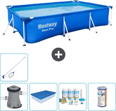 Bestway Rechthoekig Steel Pro Zwembad - 300 x 201 x 66 cm - Blauw - Inclusief Pomp Afdekzeil - Onderhoudspakket - Filter - Schoonmaakset