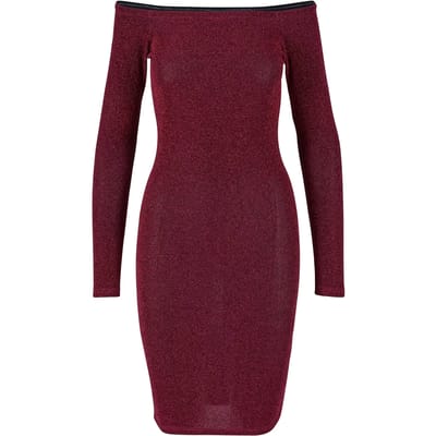 Urban Classics - Off Shoulder Longsleeve Glitter Bodycon jurk - L - Bordeaux rood