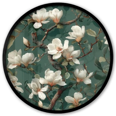 Poster in lijst Rond - Fotolijst 40x40 cm - Posters - Bloemen - Takken - Wit - Klassiek - Ronde posterlijst zwart - Decoratie - Wanddecoratie woonkamer - Muurdecoratie slaapkamer