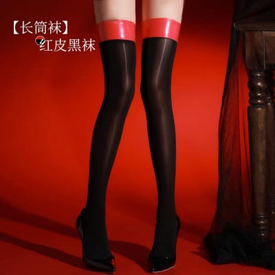 Bas Hauts Sexy pour Femmes 8D Lisses Brillants à l'Huile Bas Vintage Brillant Bas de Bonne à Porter Gainants Élastiques Patchwork PU Overknee One Size black