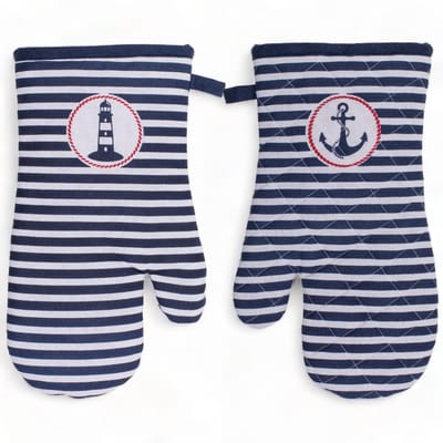 Dailygoods- Pannenlappen Hittebestendig - Ovenhandschoenen 2 Stuks - Wasbaar - Katoen/Polyester Mix - 18 x 32 cm - Gestreept Maritiem - Ovenwanten