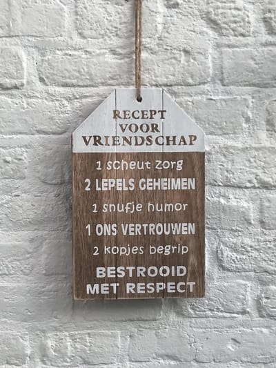 Tekstbord hout  "Recept voor vriendschap" - vrienden - cadeau - verjaardag - wandbord