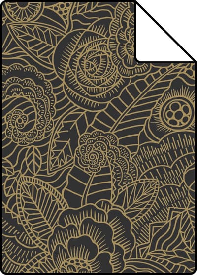 Proefstaal ESTAhome behang bloemtekeningen zwart en goud - 26.5 x 21 cm - 139563-S