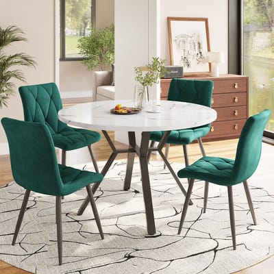 REDOM - 5-Delige Eethoekset - Ronde Eettafel Met Marmerlook En 4 Ergonomische Stoelen - Modern - MDF En Staal - Wit Groen Zwart