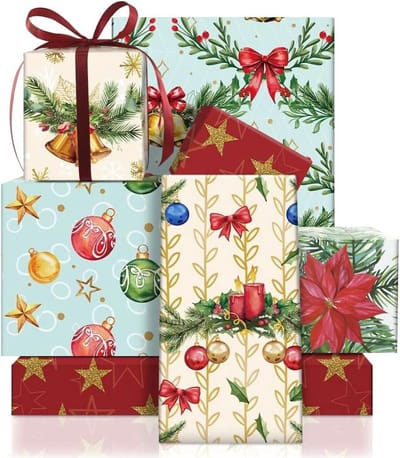 Kerstcadeaupapier met Vintage Print, 6 Vellen met Kerstkrans, Jingle Bells en Ribbons voor Feestdagen en DIY Projecten