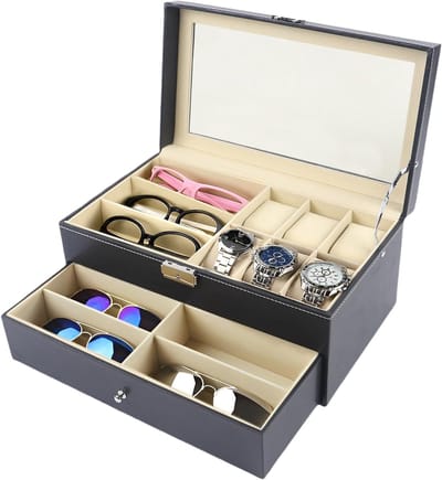 Brillen Organizer - Opbergdoos Accessoires - Veilige Opslag - Transparant Glazen Deksel - 9 Brillen 6 Horloges - Zwart
