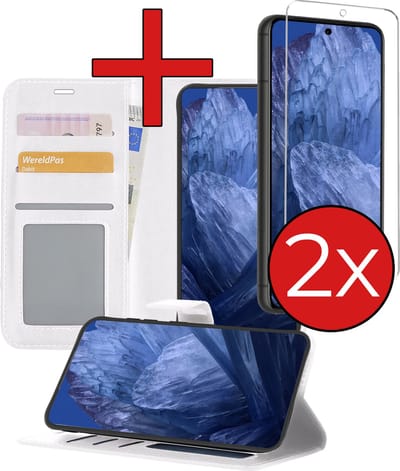 Hoesje - Met 2x Screenprotector - Geschikt voor Google Pixel 8a - Luxe Pasjeshouder - Flip Case - Bookcase Portemonee - Kunstleer Book Case - Flipcase Hoes - Book Cover - Walletcase - Portemonneehoes - Telefoonhoes - Wit