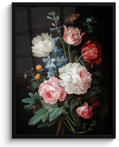Poster in lijst - Fotolijst 60x80 cm - Posters - Boeket - Kleurrijk - Klassiek - Posterlijst zwart - Decoratie - Wanddecoratie woonkamer - Muurdecoratie slaapkamer