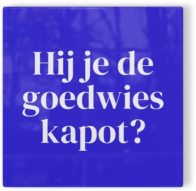 Tegeltje Arnhem Hij je de goedwies kapot? - blauw wit - tegeltje stad - tegeltje met tekst