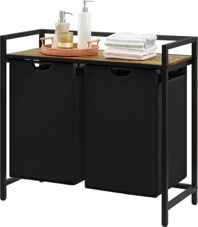 Stellar Wasmand - 2 Secties - 95L Inhoud - Uittrekbare Zakken - Met Opslagplank - 76x33,5x72 cm - Zwart