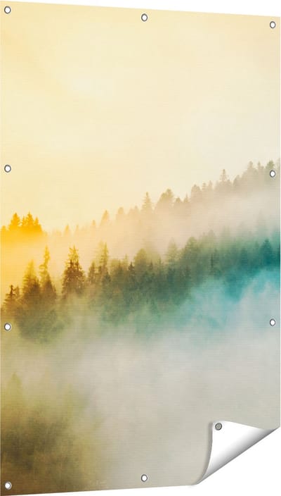 Gards Tuinposter Kleurrijke Zonsopgang in het Bos met Mist - 80x120 cm - Tuindoek - Tuindecoratie - Wanddecoratie buiten - Tuinschilderij