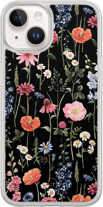 Hoesje geschikt voor iPhone 14 - Dark flowers - 2in1 backcover - Bloemen - Zwart, Multi - Leuke Telefoonhoesjes