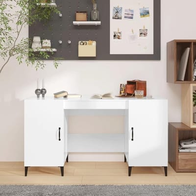 Bureau met kast - Werktafel - Thuiswerken - Ruime opbergruimte - 140 cm breed - Wit glanzend