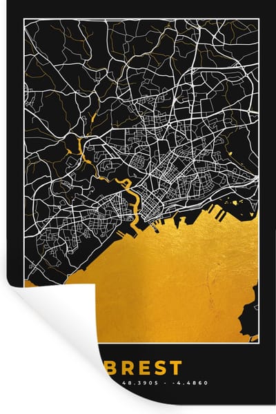 Muurstickers - Sticker Folie - Plattegrond – Stadskaart – Brest - Frankrijk - Kaart - 20x30 cm - Plakfolie - Muurstickers Kinderkamer - Zelfklevend Behang - Zelfklevend behangpapier - Stickerfolie