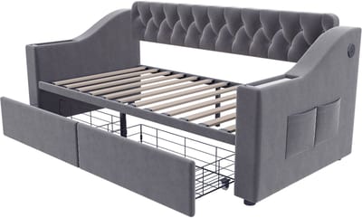 COVREO Slaapbank met USB – 90x190 cm – Bedbank met 2 lades – Eenpersoonsbed met opbergruimte – Grijs - zonder matras