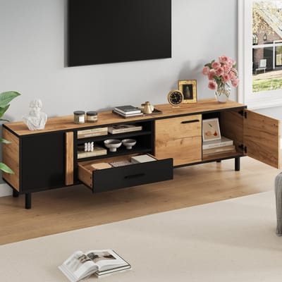 DESMIU Tv Meubel - Met 3 Kasten En Lade Voor Opbergruimte - Geschikt Voor Woonkamer En Tv Tot 80 Inch - Spaanplaat - 180x32,5x50 Cm - Zwart Houtlook