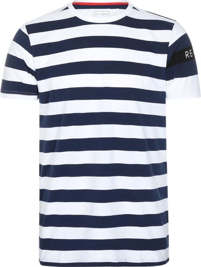 Re-Born - Sportkleding - Sport shirt - Streep t-shirt - Korte mouw t-shirt - Langer shirt - Heren - Donkerblauw/Wit - Maat L