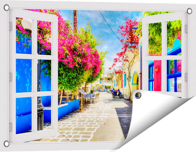 Gards Tuinposter Doorkijk Kleurrijke Straat op het Eiland Kos, Griekenland - 60x40 cm - Tuindoek - Tuindecoratie - Wanddecoratie buiten - Tuinschilderij
