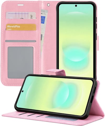 Hoesje - Met Pasjeshouder - Geschikt voor Samsung Galaxy A37 - Luxe Bookcase Portemonee - Flip Case - Kunstleer Book Case - Flipcase - Book Cover - Walletcase - Portemonneehoes - Telefoonhoesjes - Lichtroze