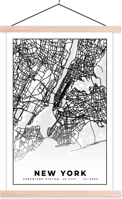 Posterhanger incl. Poster 40x60 cm - Schoolplaat - New York - Stadskaart - Zwart Wit - Plattegrond - Kaart - Textielposter - Blanke latten - Stadskaart