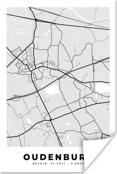 Poster Stadskaart – Zwart Wit - Kaart – Oudenburg – België – Plattegrond - 120x180 cm XXL
