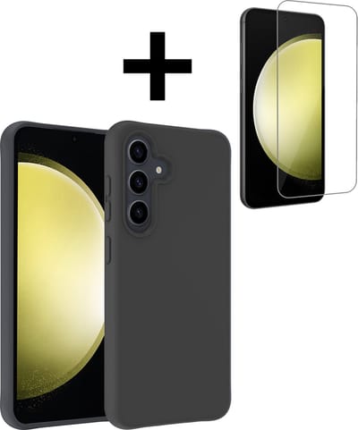 Hoesje - Met Screenprotector - Geschikt voor Samsung Galaxy S23 FE - Sterk & Shockproof - Back Cover - Siliconen Case - Telefoon Hoes - Telefoonhoesjes - Zwart