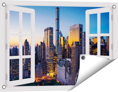 Gards Tuinposter Doorkijk New York bij Zonsopgang - 60x40 cm - Tuindoek - Tuindecoratie - Wanddecoratie buiten - Tuinschilderij