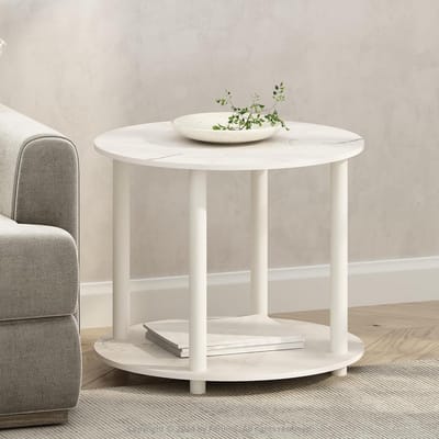 Houten bijzettafel - Ronde tafel - Woonkamer decoratie - Twee opbergplanken - 50.3 cm hoog - Marmer wit