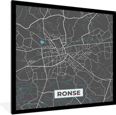 Fotolijst incl. Poster - België – Ronse – Stadskaart – Kaart – Blauw – Plattegrond - 40x40 cm - Posterlijst