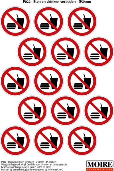 Pictogram sticker 75 stuks P022 - Eten en drinken verboden - 50 x 50mm - 15 stickers op 1 vel
