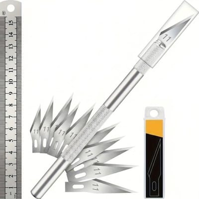 Zilverkleurige hobbymes set unisex precisie mes met verwisselbare mesjes metalen handgreep inclusief 11 reserve mesjes en 15 cm liniaal voor snijwerk scrapbooking en hobby projecten