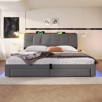 HAUSS SPOLE Gestoffeerd Bed 180x200 cm - Met USB En USB C En LED - Met Opbergruimte - Zonder Matras - Linnen - Grijs