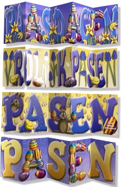 4 Luxe Vrolijk Pasen Wenskaarten - 18x57cm - 5 Vouwen met Gekleurde envelop