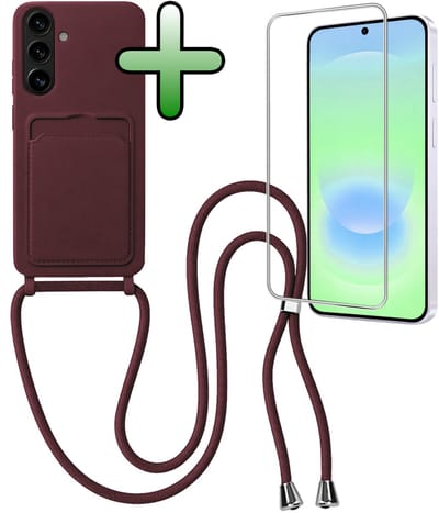 Hoes Geschikt voor Samsung A37 Hoesje Met Koord Met Screenprotector - Telefoonhoesje Geschikt voor Samsung Galaxy A37 Backcover Met Afneembaar Koord - Aubergine