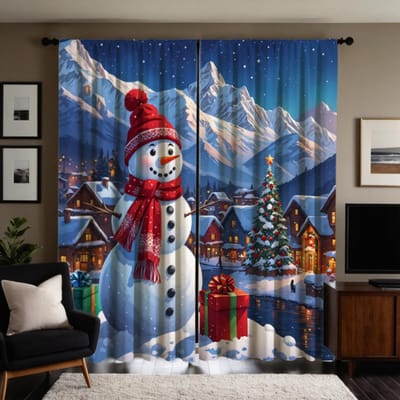 2 stuks HD Kerst Sneeuwberg platteland sneeuwpop decoratief gordijn Blauwe band digitaal geprint gordijn Woondecoratie stijl W52H63inchW132H160cm blue