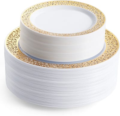 Matana – 120-delige Plastic Borden Set met Gouden Rand – 60 Dinerborden (26cm) & 60 Dessertborden (19cm) – Herbruikbaar & Stevig – Voor Bruiloften, Verjaardagen & Feesten
