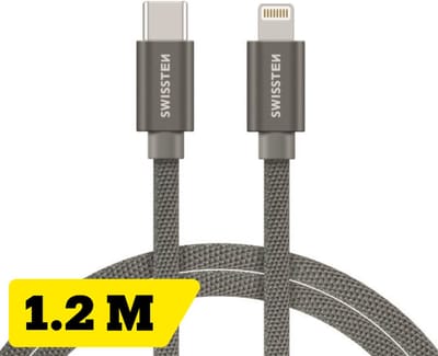 Swissten USB-C naar Lightning Oplaadkabel 1,2 meter – Power Delivery Snellader – voor iPhone & iPad – Gevlochten Nylon – Grijs