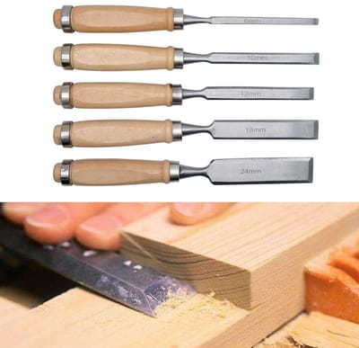 Dailygoods- Beitel Set 5 Stuks - Houtsnijwerk Gereedschap - Hoogwaardig Koolstofstaal - Houten Handgrepen - Beschermende Opberghoes - 235mm Lengte - Houtsnijbeitels