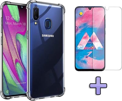 HB Hoesje Geschikt voor Samsung Galaxy A40 - Anti Shock Hybrid Back Cover + Tempered Glazen Screenprotector - Transparant