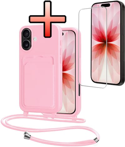 Hoes Geschikt voor iPhone 17 Hoesje Pasjeshouder Cover Met Koord Case Siliconen Hoes Met Telefoonkoord en Kaarthouder Met Screenprotector - Lichtroze