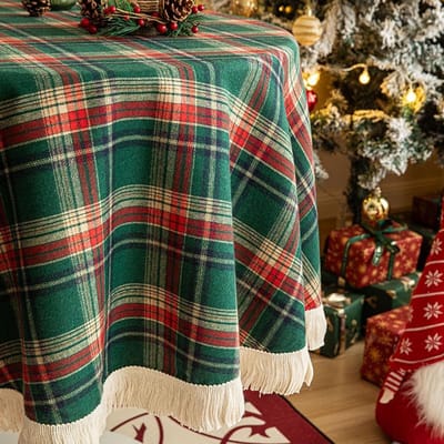 Ronde Kerst Tafelkleed - Plaid Tafelkleed - Kersttafel Decoratie - Met Tassel - 150 x 150cm - Rood Groen