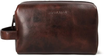 Highlands Leather Torrin Toilettas – Premium Leren Wash Bag – Handgemaakt & Duurzaam – Compact, Gestructureerd & Waterbestendig – 22x13x11,5 cm – Donkerbruin