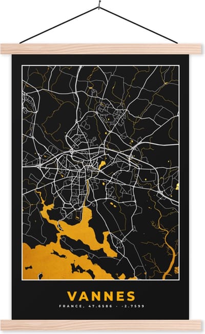 Posterhanger incl. Poster 40x60 cm - Schoolplaat - Vannes – Plattegrond – Frankrijk – Kaart – Stadskaart - Textielposter - Blanke latten - Stadskaart