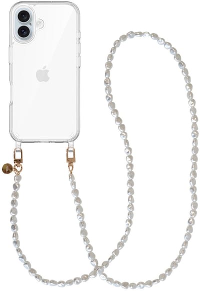 xoxo Wildhearts siliconen hoesje - Geschikt voor iPhone 17 hoesje - Pearlfection - Telefoonhoesje - Hoesje met koord - Parelketting - lang telefoonkoord - Transparant hoesje (lange variant)