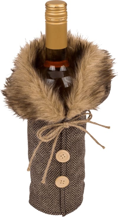 2 x Geschenkverpakkingen voor fles - Winterjasje met bontkraag - 1x schotse ruit en 1x visgraatmotief