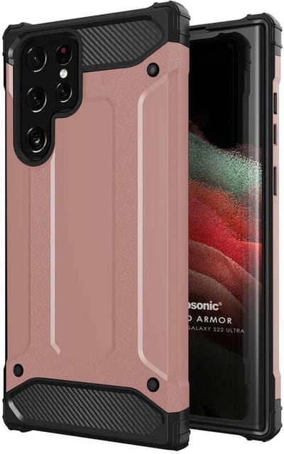 Schokbestendig Heavy Duty Hoesje Geschikt voor: Samsung Galaxy S22 Ultra Shock Proof Hybride - Back Cover - Dual Layer Armor Case - Extra Stevig - Rosegoud