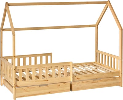 Kids kinderbed hut - 90 x 190 cm - Bed - Tentbed met bodem en lades - Met beschermrand